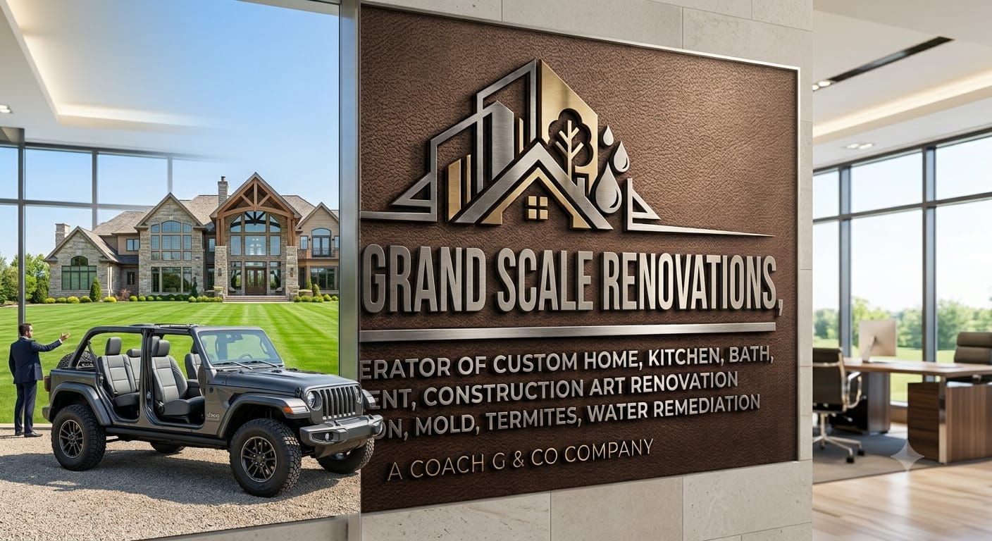 Original Grand Scale Renovations brand image showing the company sign and exterior property visual.